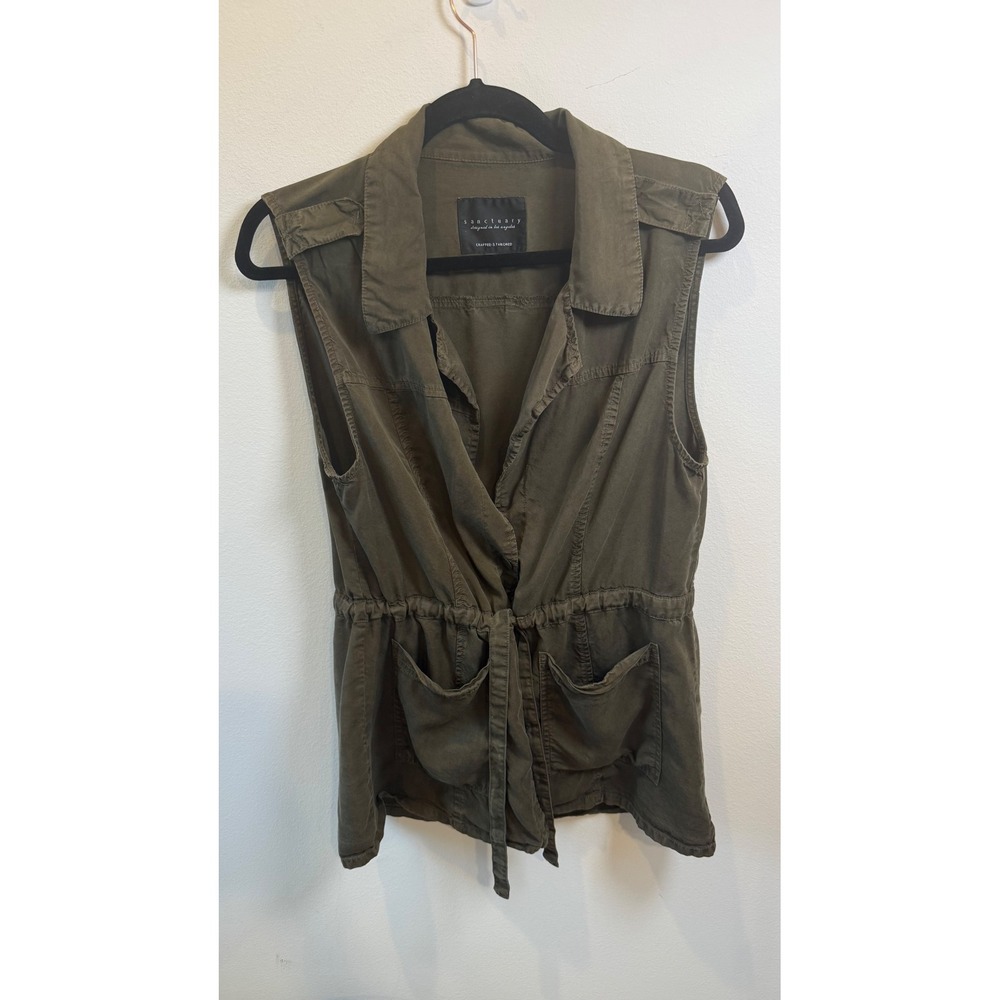 Sanctuary Olive Green Tencel Utility Vest Drawstring Waist Size L XV9019E001